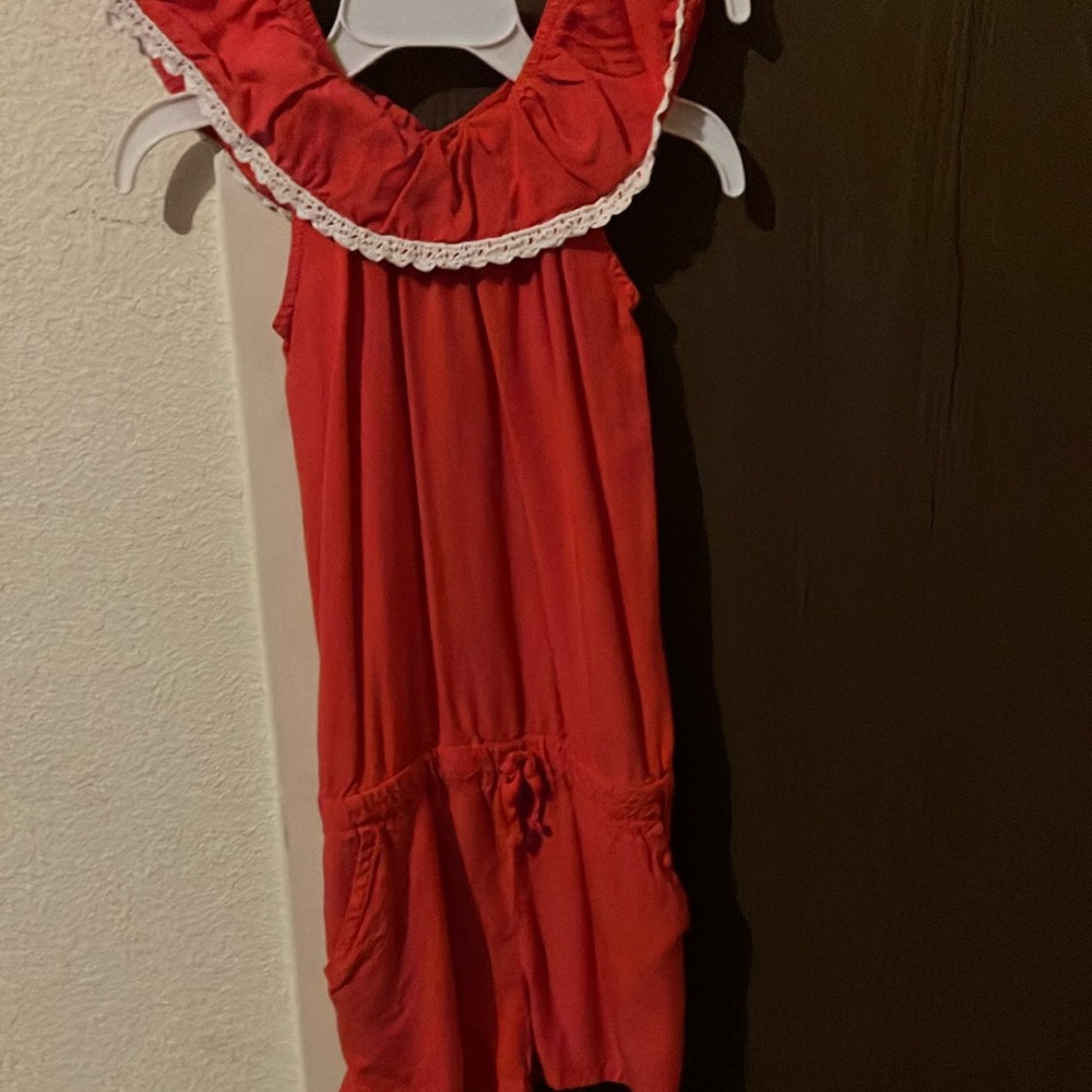 Kids Red Romper with Lace Trim